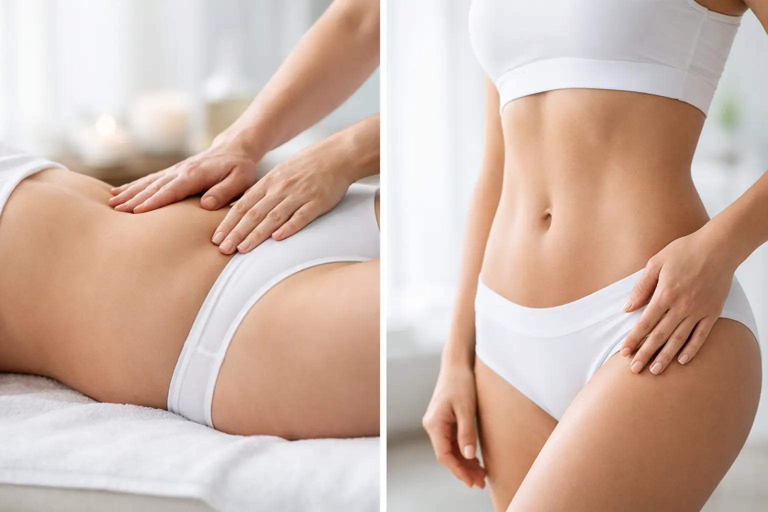 Comparação de antes e depois de drenagem linfática mostrando mudanças no corpo