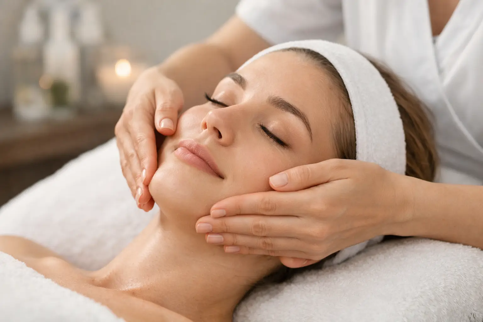 Woman receiving facial lymphatic drainage