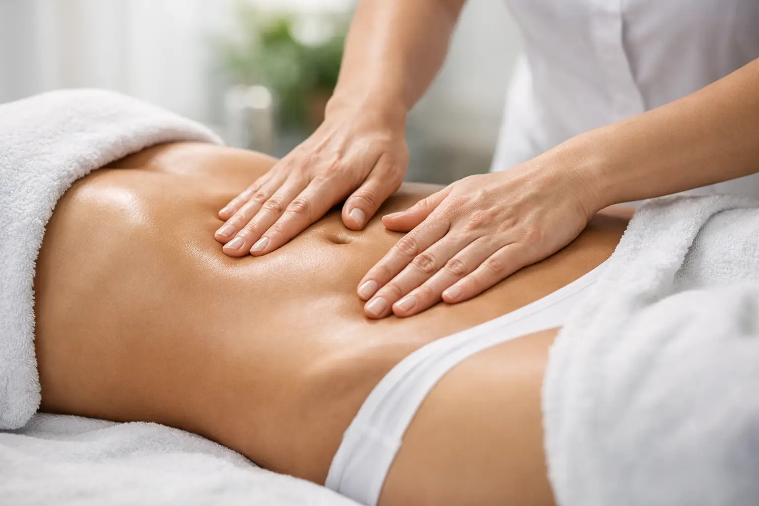 Woman receiving lymphatic drainage on her belly
