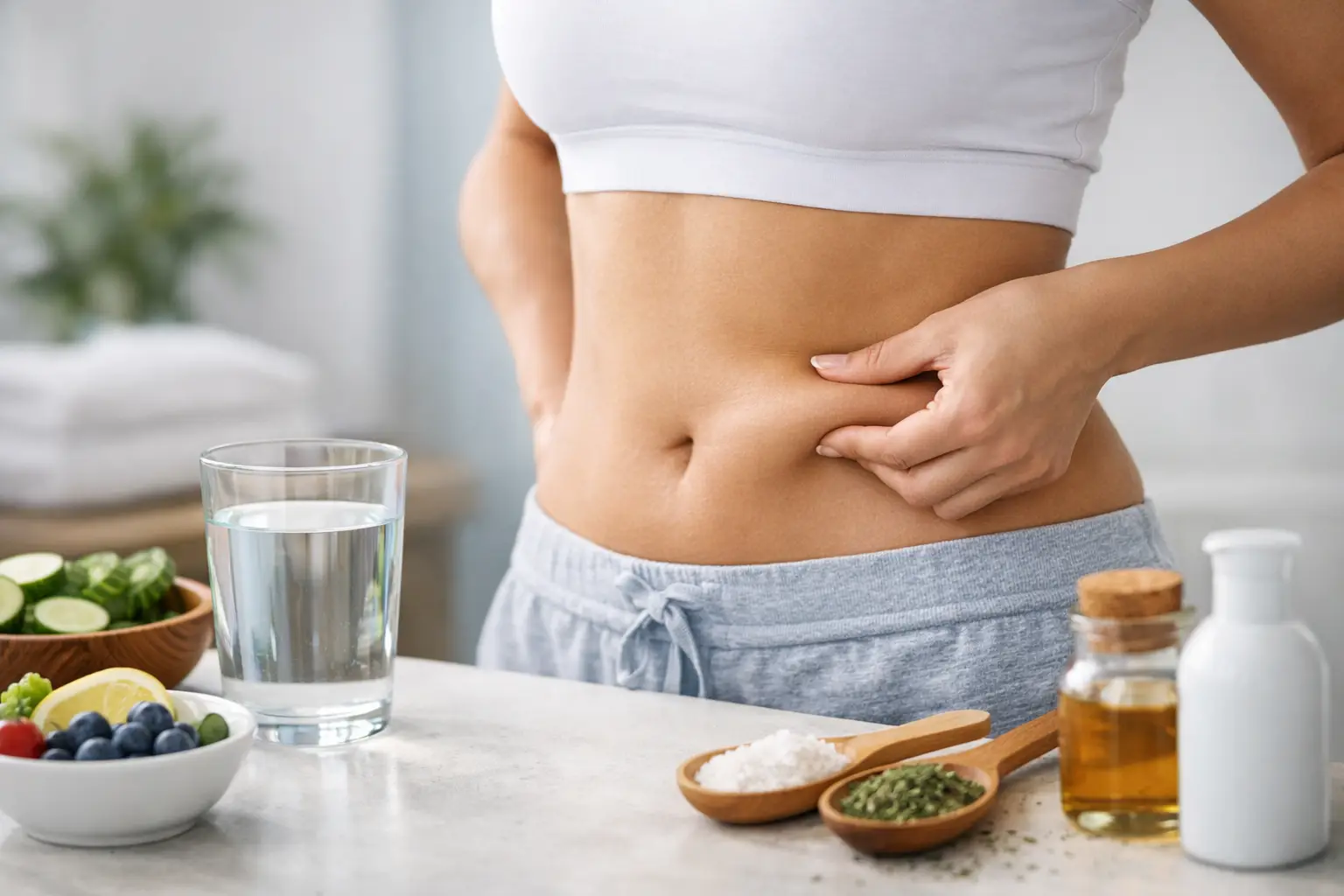 Image of a woman drinking water and maintaining healthy habits to reduce fluid retention