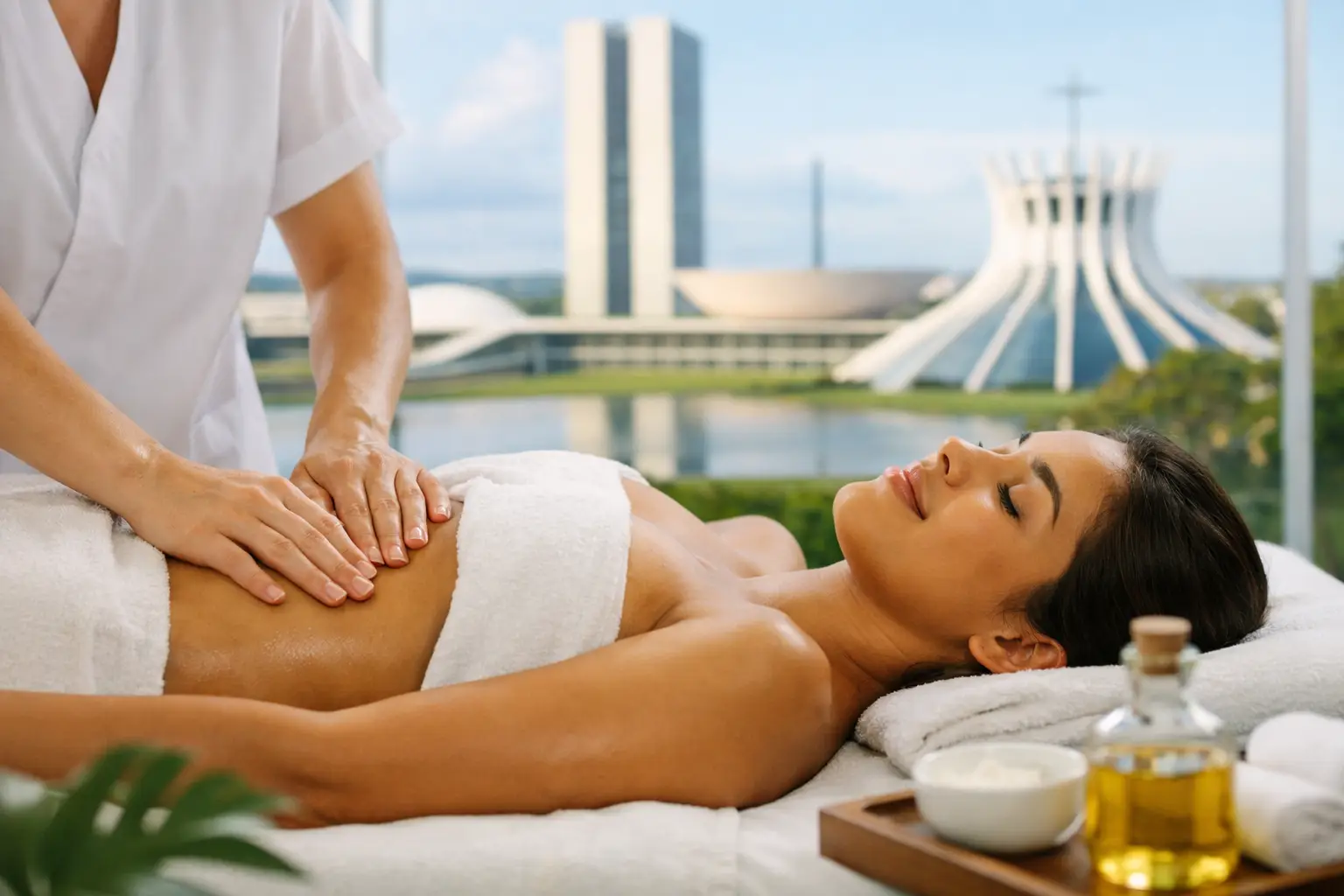 Uma massagista aplicando o método Renata França em uma cliente em um spa em Brasília