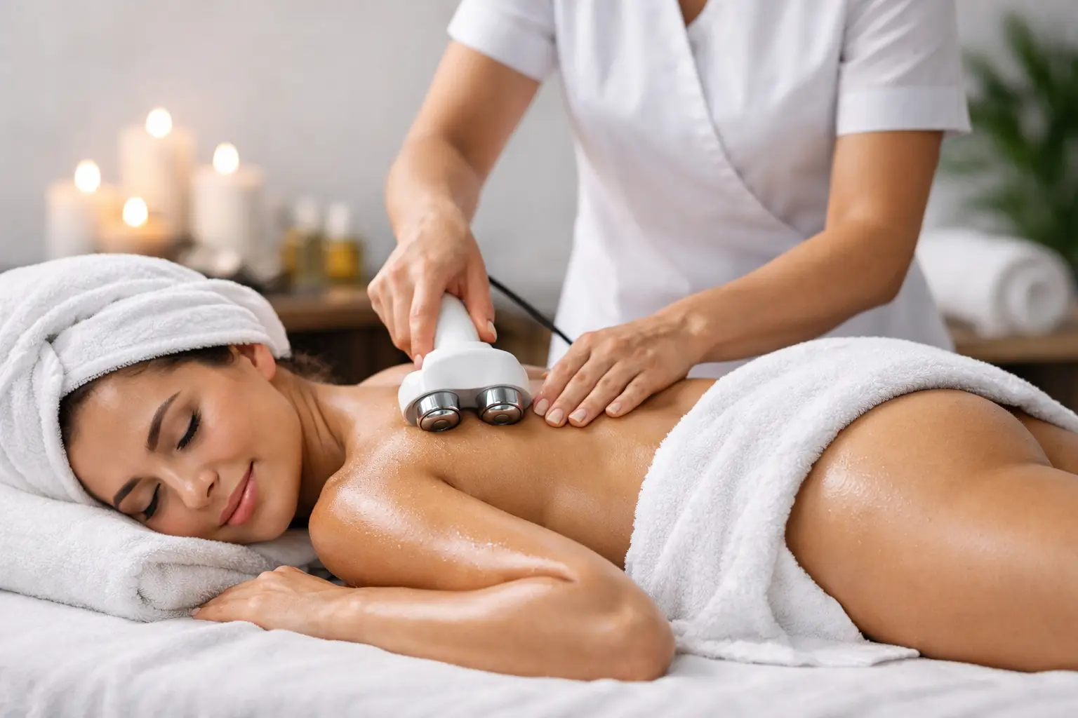 Woman receiving an aesthetic facial massage in a comfortable setting.