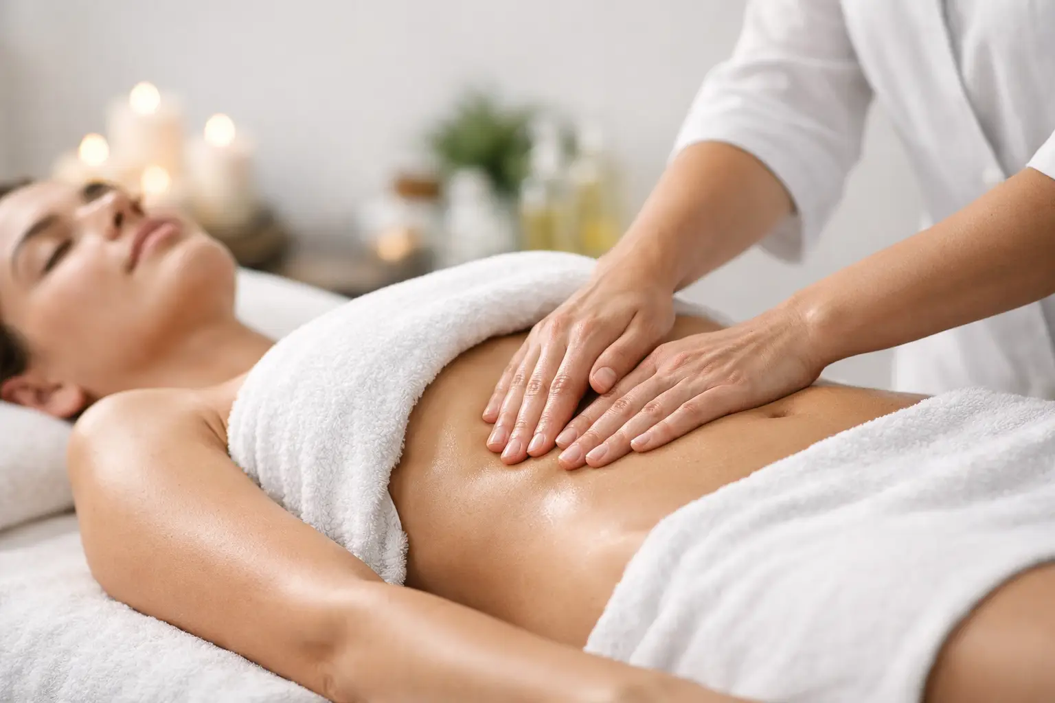 Illustration of manual lymphatic drainage technique being applied to a lying person.