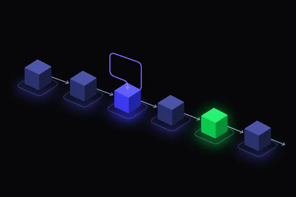 Flat isometric diagram of build stages on a dark background, with one indigo cube's output looping back into its own input via a violet arrow and a single green cube marking the only successful cache hit.