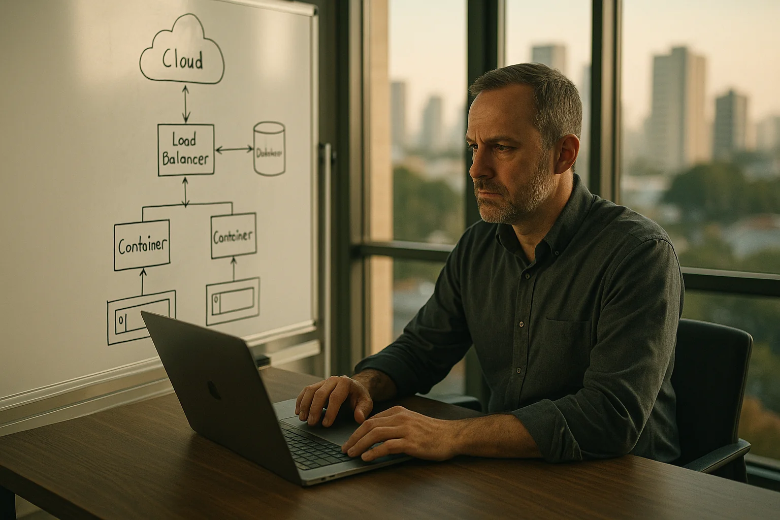 Engineering leader reviewing a cloud migration architecture with diagrams on a whiteboard and infrastructure code on a laptop in a modern office.