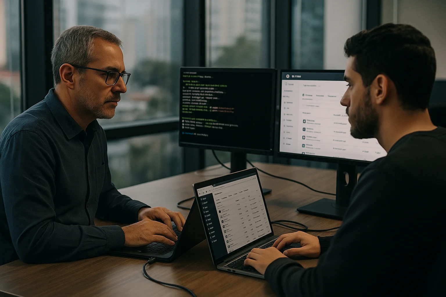 CTO and platform engineer in a São Paulo office running a GitHub failover drill with terminal and Forgejo dashboard on dual monitors.