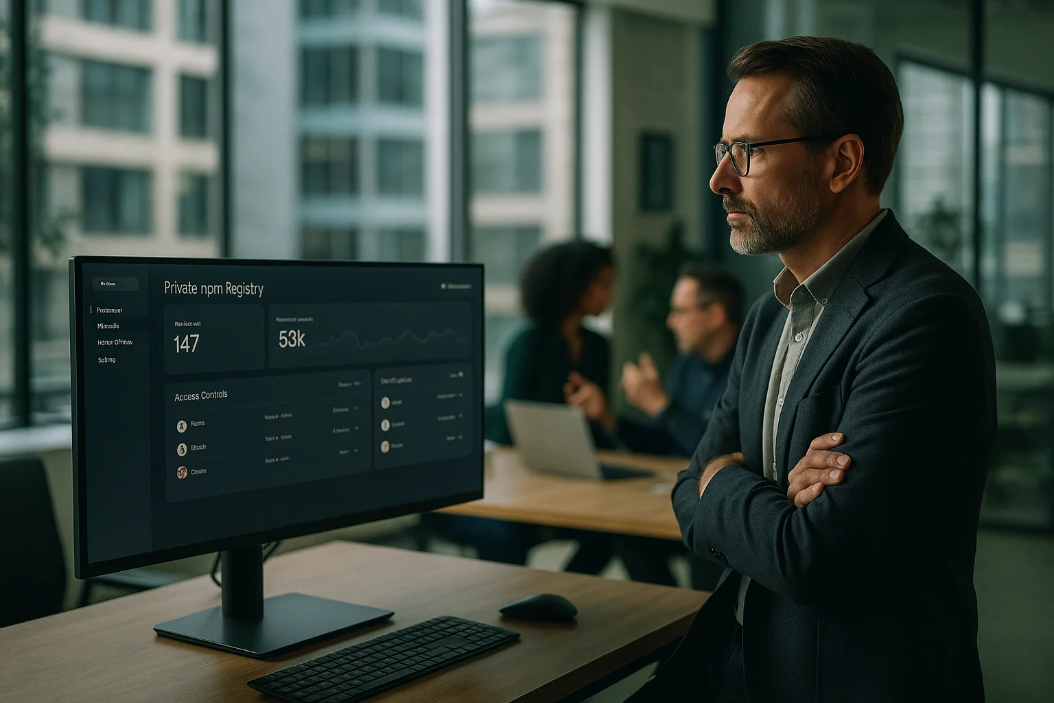 CTO reviewing a private npm registry dashboard on a large monitor in a São Paulo office while engineers discuss security.