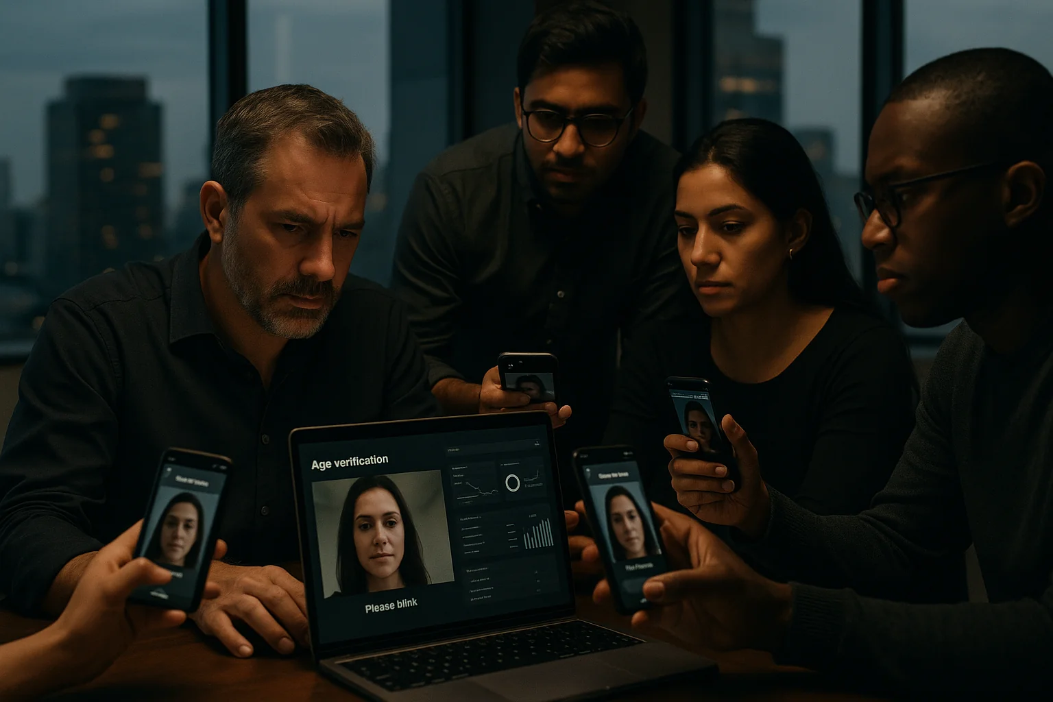 Engineers in a São Paulo office testing an age-verification flow on phones and a laptop, with dashboards and liveness checks visible on screens.