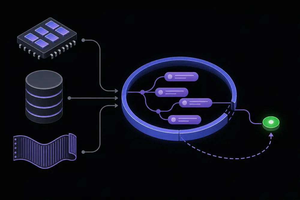 Flat isometric dark illustration of three storage shapes feeding a central indigo harness ring holding violet conversation threads, with one thread reconnecting through a dashed break to a single green success node.