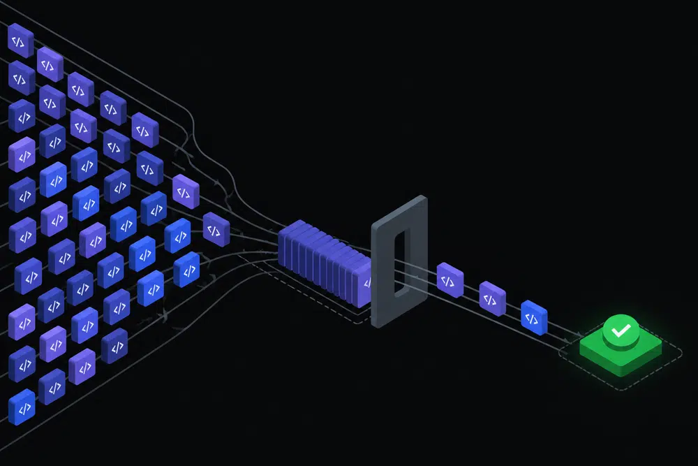 Flat isometric dark illustration of many glowing indigo code blocks funneling into a narrow aperture, most queued up while a few pass through to a single green output node.