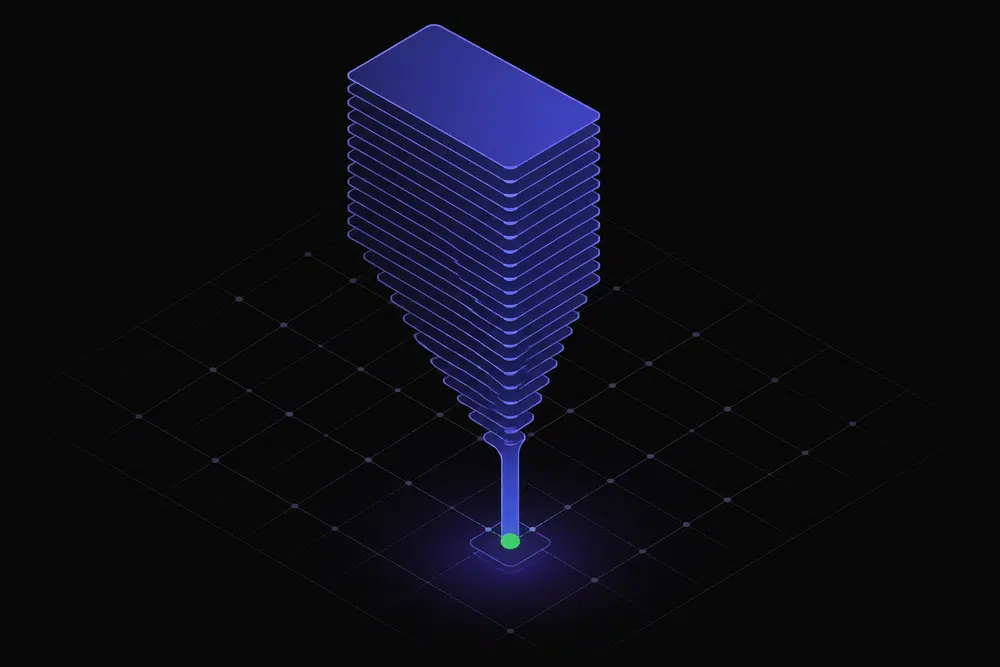 Flat isometric illustration of a tall stack of glowing indigo tool cards funneling into a narrow channel, ending at a single small green node on a near-black background.