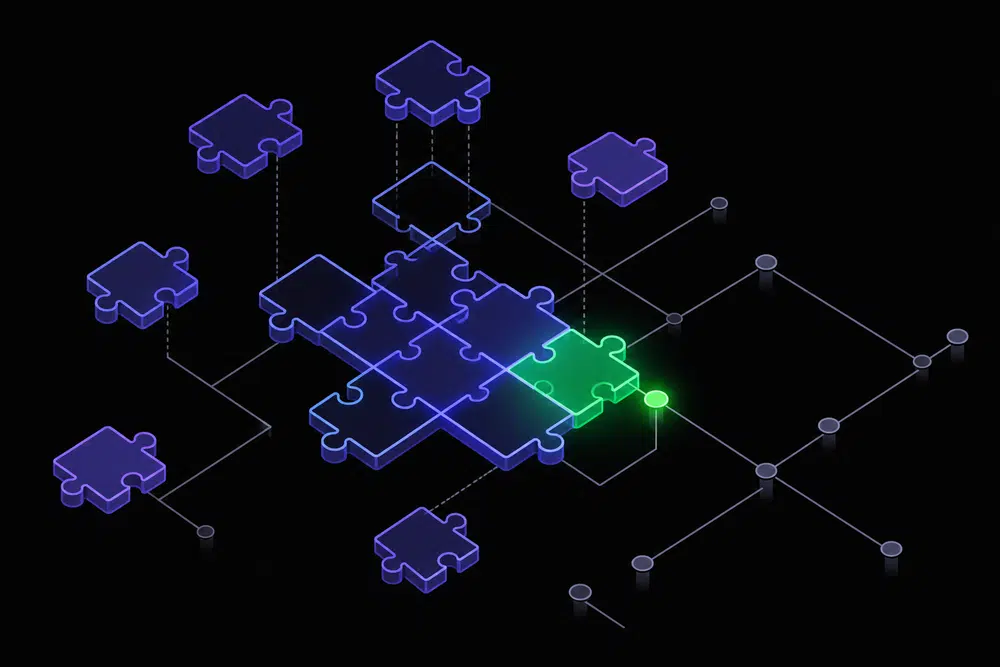 Flat isometric illustration of puzzle pieces forming a connected structure with a glowing green node, representing the value of struggle and understanding in coding.