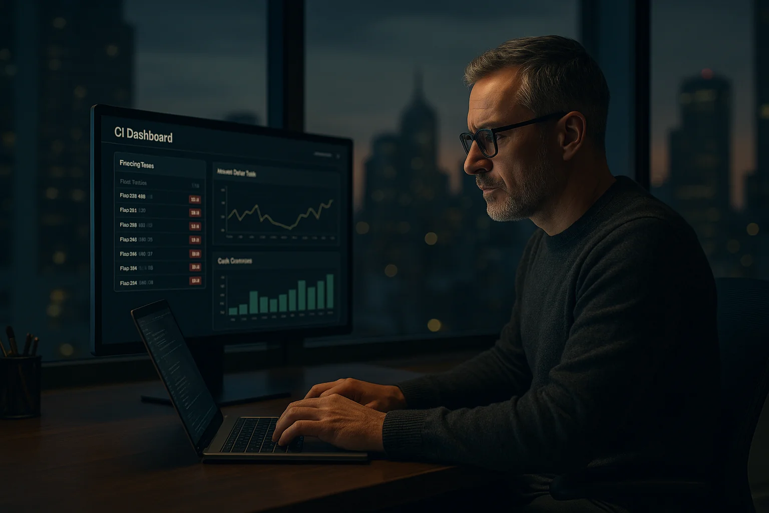 Security engineer reviewing a CI dashboard with fuzzing failures and coverage metrics in a São Paulo office at dusk.