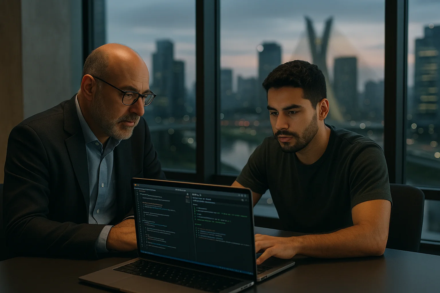 CTO and senior engineer pair‑programming during a technical interview in a São Paulo office overlooking the city skyline, with code and test results visible on a laptop screen.
