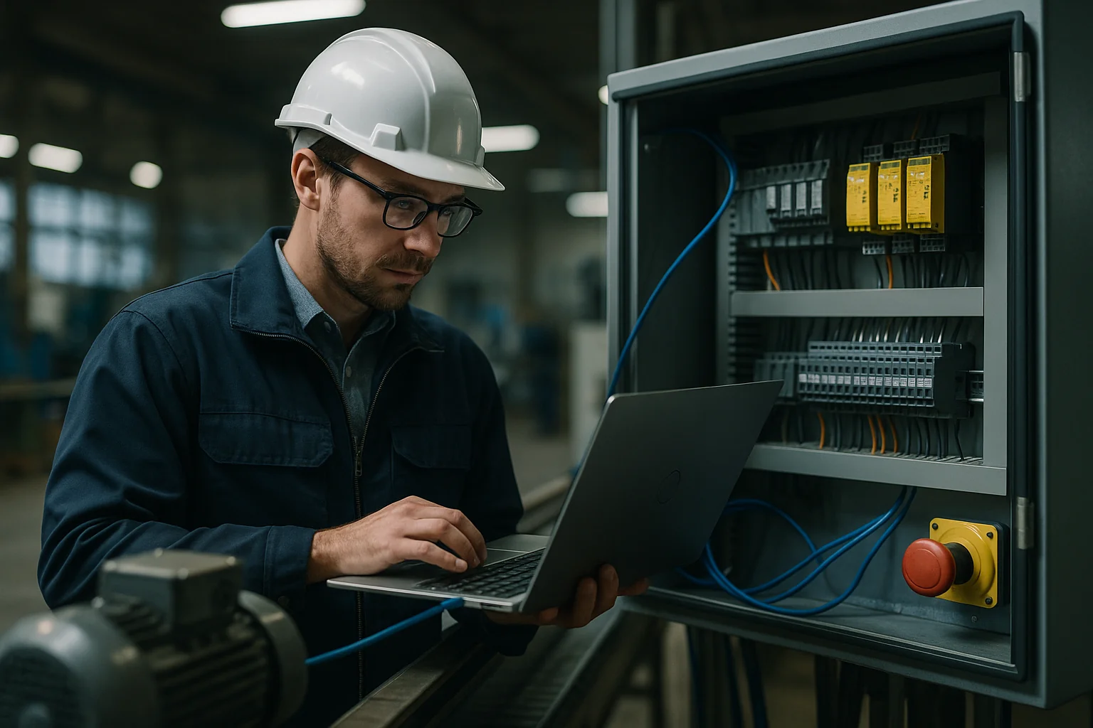 Engineer on a factory floor inspecting a laptop connected to a PLC cabinet beside a running conveyor with visible safety relays and an emergency stop.