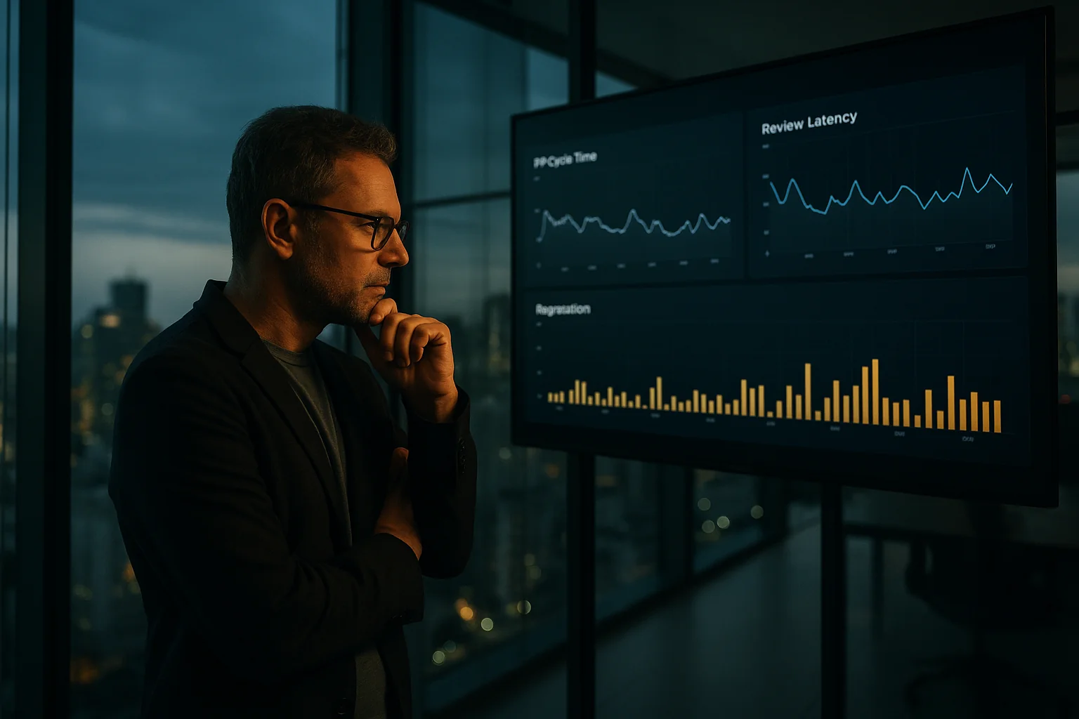 CTO reviewing dashboards comparing developer throughput metrics on a large monitor in a São Paulo office at dusk.