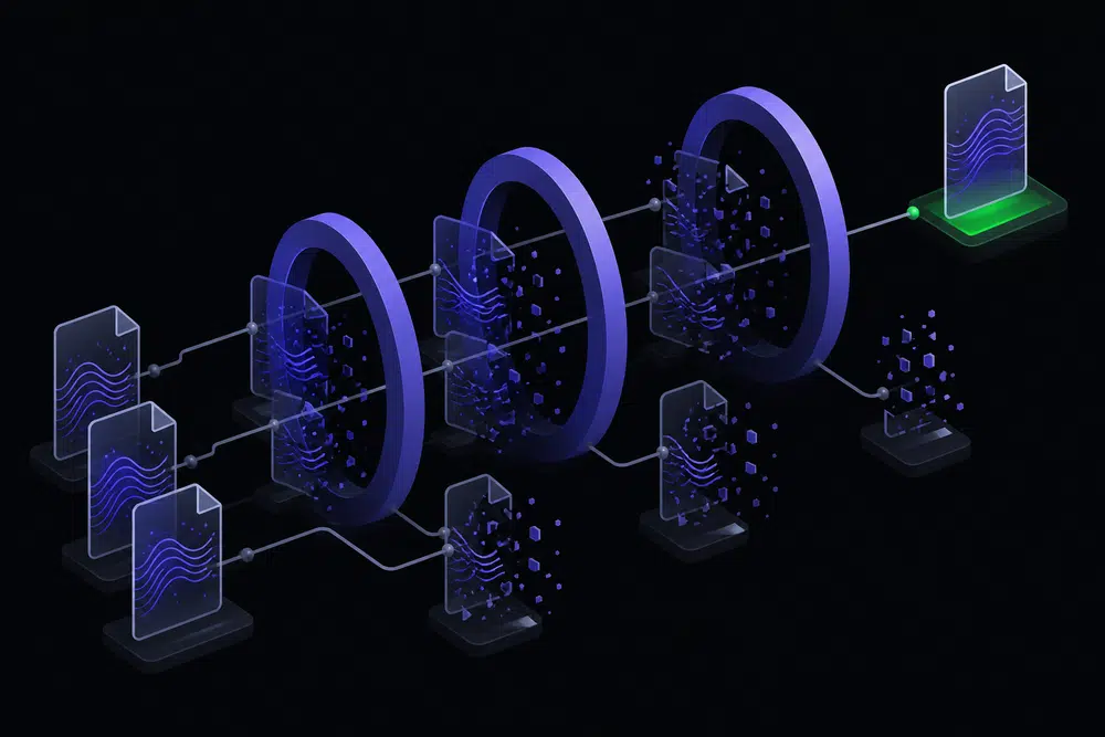 Flat isometric illustration of translucent document sheets passing through violet filter rings, an indigo wave pattern fading into fragments, and one sheet keeping an intact pattern ending at a single green node.
