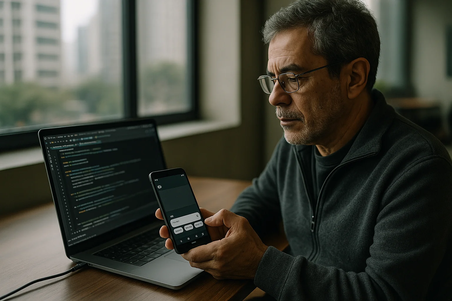 Senior Android developer testing an AI feature on a Pixel phone while reviewing code in Android Studio on a laptop in a São Paulo office.