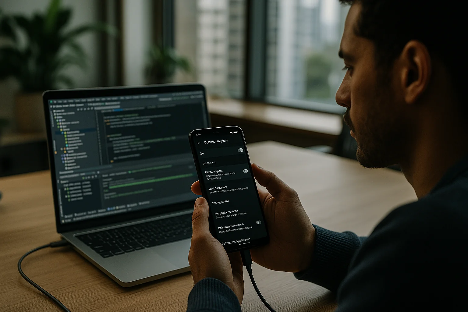 Engineer at a laptop reviewing Android tests while holding a connected phone that shows USB debugging disabled in Developer Options.