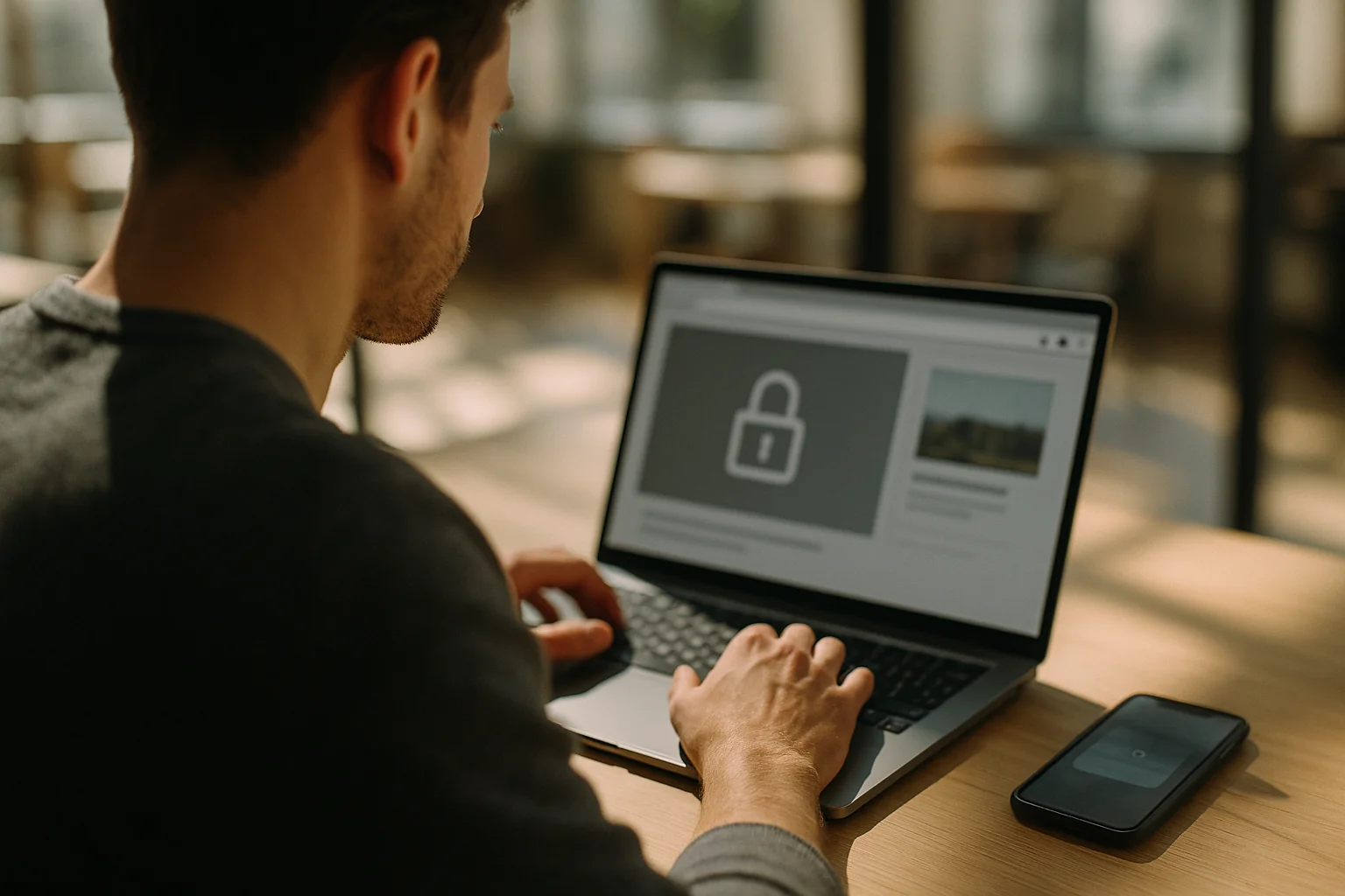 Over-the-shoulder view of a person at a laptop in a bright coworking space; the laptop shows a blurred browser page with a lock icon and an image thumbnail, and a smartphone on the desk displays a blurred link notification.