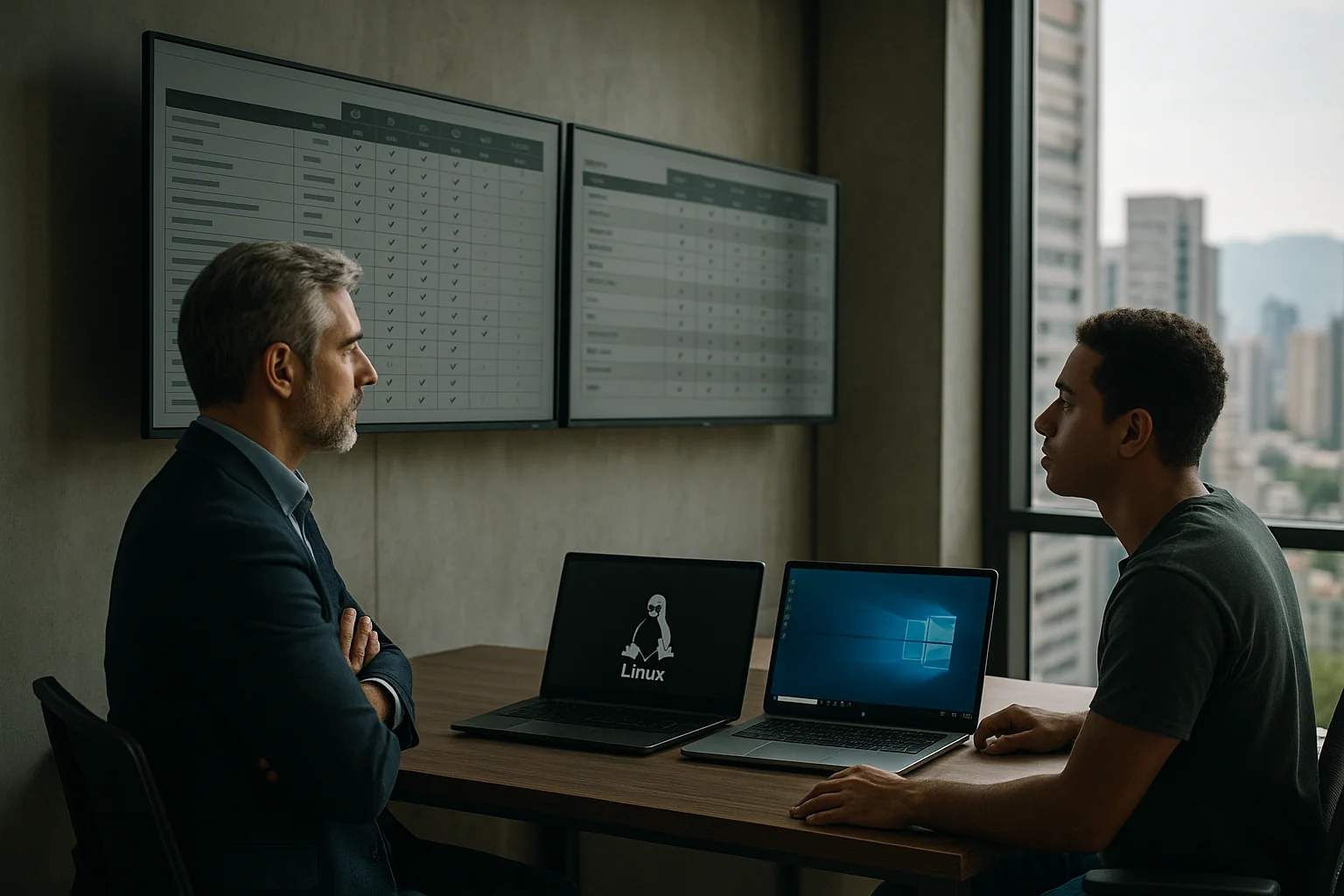 CTO and engineer in a São Paulo office examining a dashboard of tool licenses and OS support on large monitors, with Linux and Windows laptops side by side.