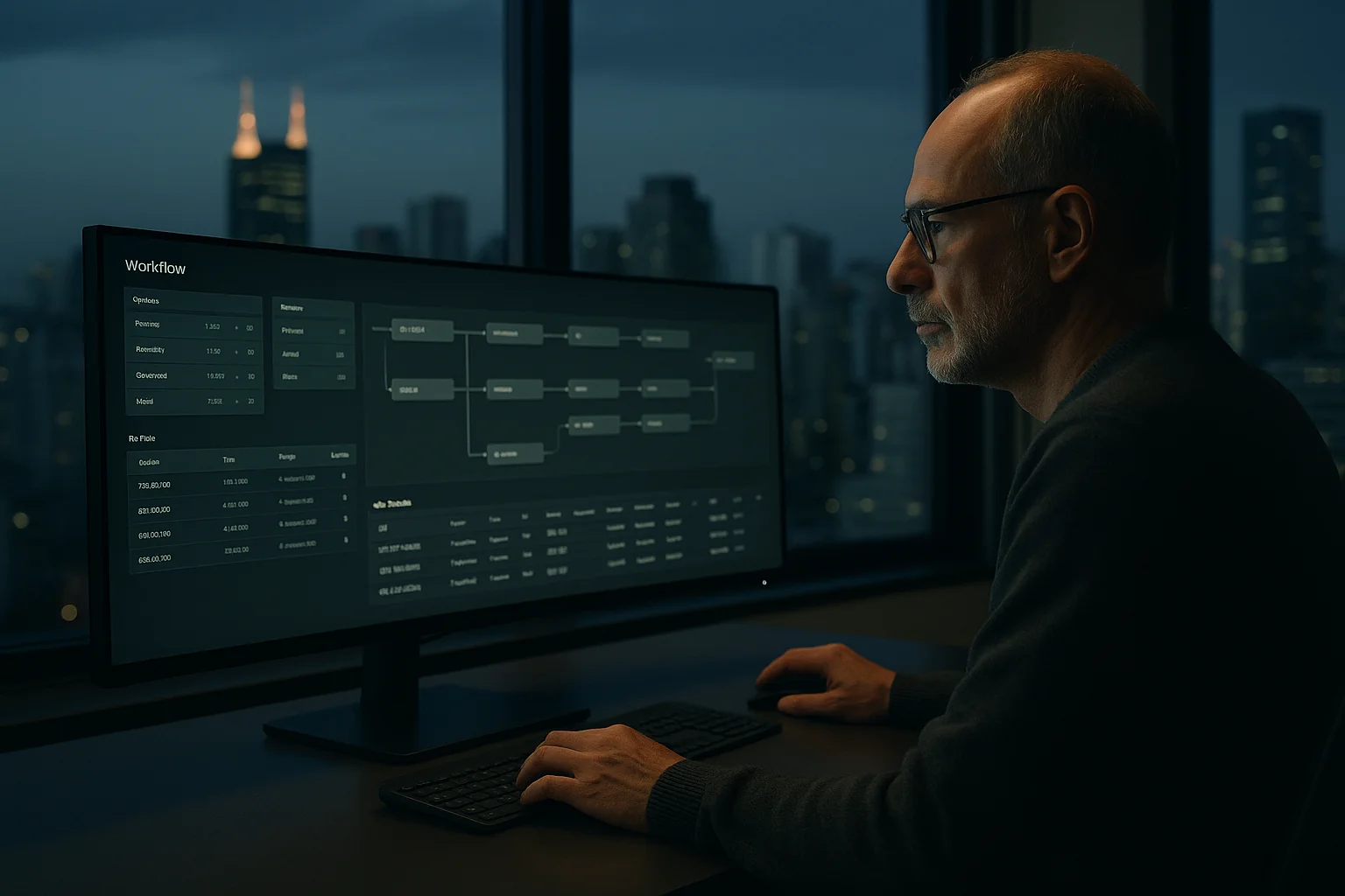 Senior engineer in a São Paulo office reviewing an async workflow dashboard showing queues, retries, and job progress on a large monitor.