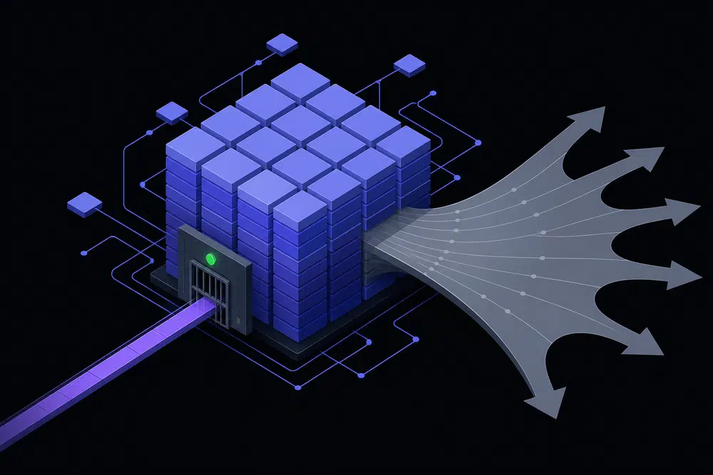 Flat isometric vault of indigo record blocks with one narrow violet path entering a green-marked gate and a wide grey fan-shaped arrow sweeping out, illustrating disproportionate access through a legitimate opening.