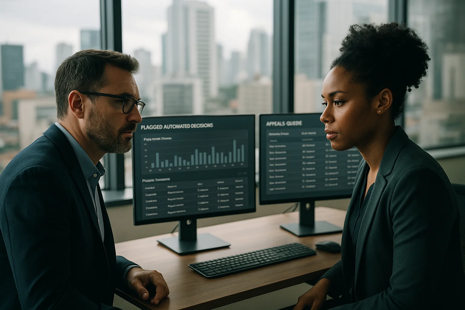 CTO and compliance lead in a modern office reviewing charts and queues on large monitors that show automated decisions under review, with city skyline visible through the window.