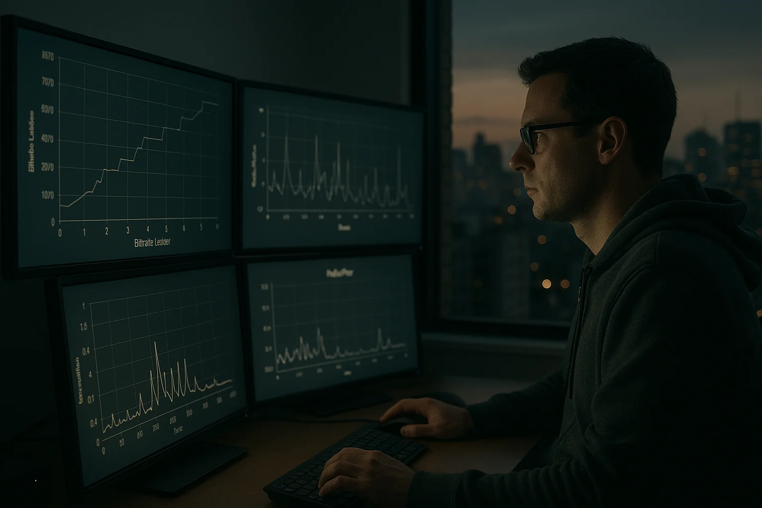 Engineer in a streaming operations room reviewing bitrate and playback telemetry on multiple monitors with São Paulo skyline at dusk.