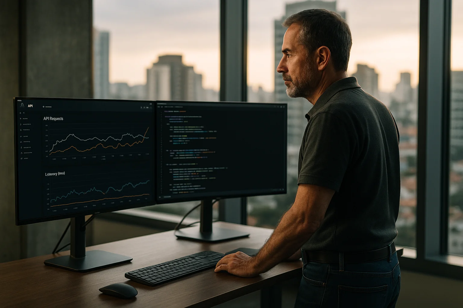 Senior platform engineer reviewing API version dashboards and code on dual monitors in a modern São Paulo office, with afternoon light illuminating the workspace.