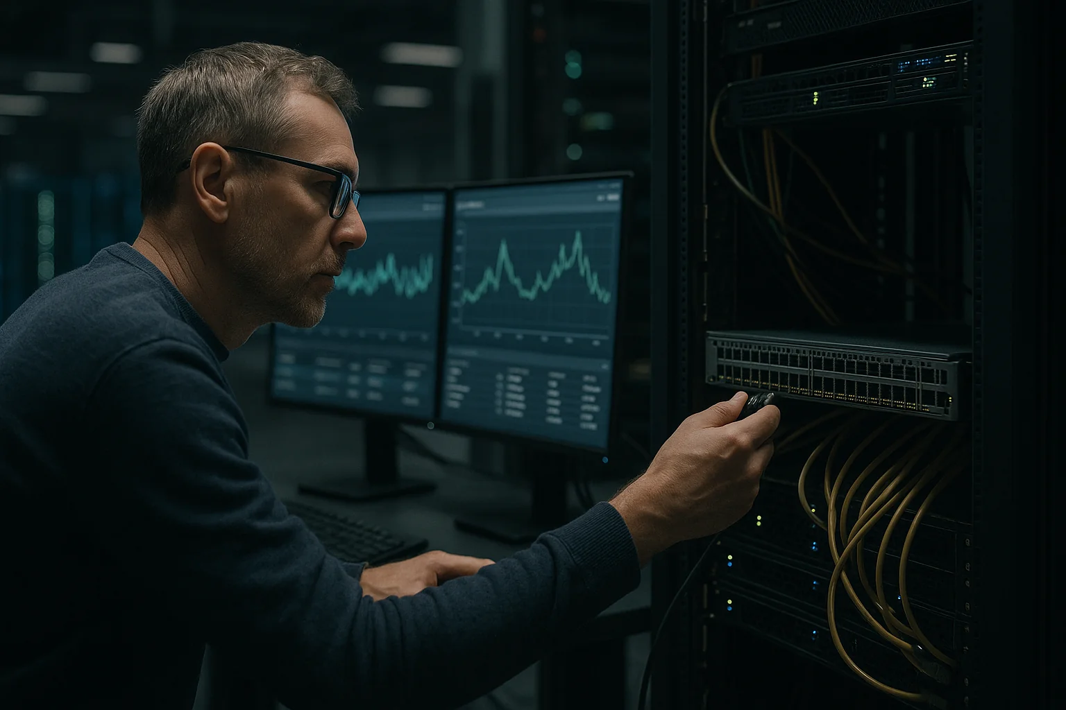 Senior backend engineer reviewing network traffic charts on dual monitors in a data center, standing near a rack-mounted 40G switch and fiber cabling.