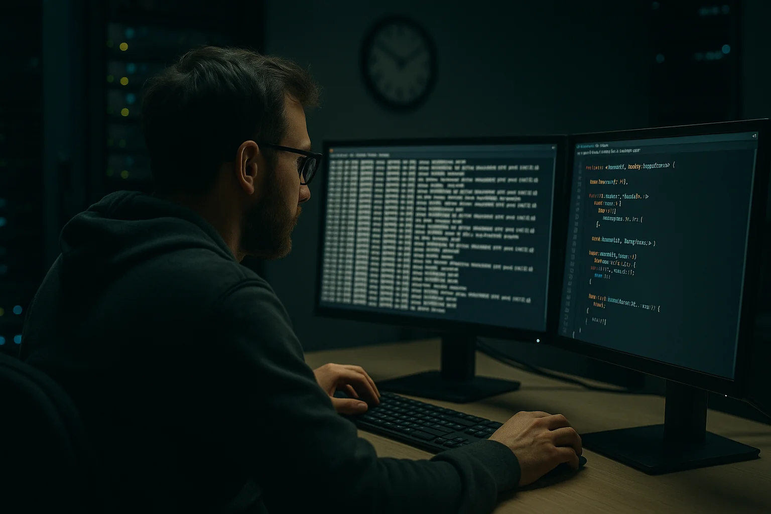 Database engineer reviewing Postgres and Rust code on dual monitors in a low-light operations room with server racks at night.