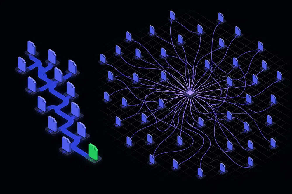 Flat isometric dark illustration: a dense cluster of file nodes sharing one glowing indigo history spine on the left with a green success node, and scattered nodes on the right each trailing a long thin violet line to a central hub.