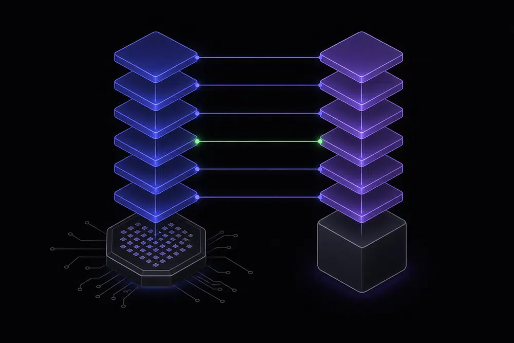 Flat isometric illustration of two parallel stacks of identical indigo and violet block plates rising from a chip and a cube, linked by thin glowing indigo lines with one green node marking a matching checkpoint.