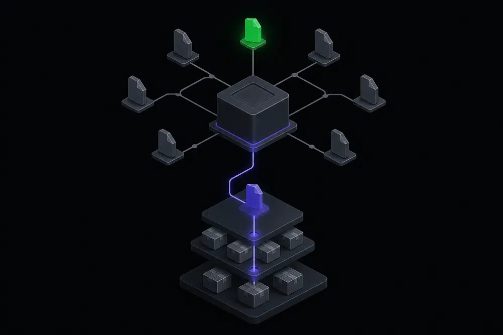 Flat isometric dark diagram of a software startup pipeline: stacked package blocks feed into a large process block, with one small highlighted file node branching into the flow and a single green node glowing at the top.