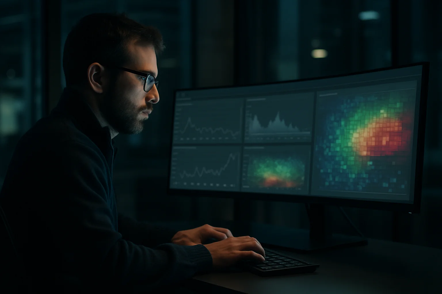 Security engineer analyzing bot traffic graphs on an ultrawide monitor in a modern office at night.