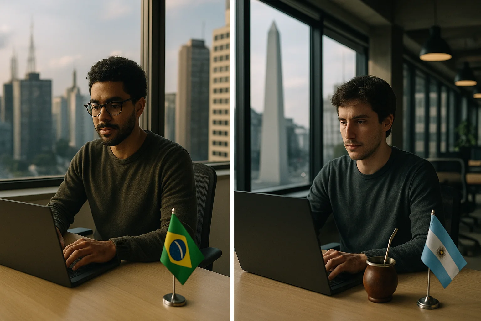 Side-by-side scenes of two software developers: left shows a São Paulo high-rise office with a Brazilian engineer working on a laptop, a small Brazilian flag, and the city skyline; right shows a Buenos Aires coworking space with an Argentine developer ona