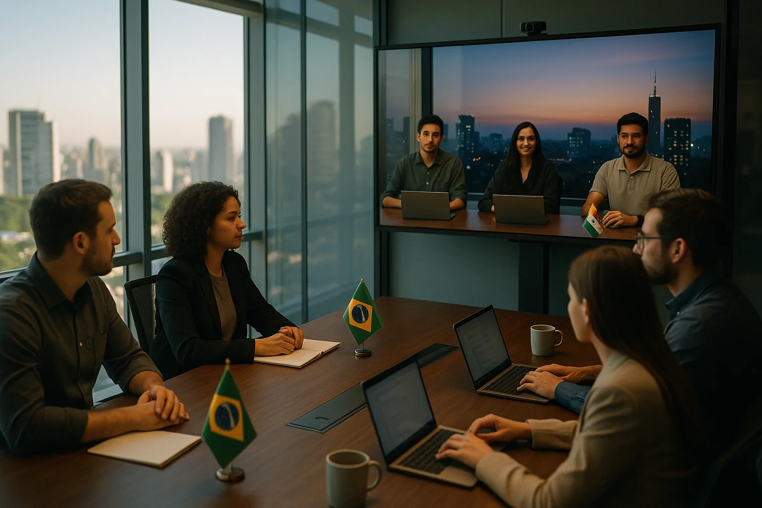 Developers in a São Paulo conference room on a video call with colleagues in a Bengaluru office shown on a wall-mounted screen; morning light in Brazil and evening city lights in India are visible through the windows. Laptops and notebooks are on thetable