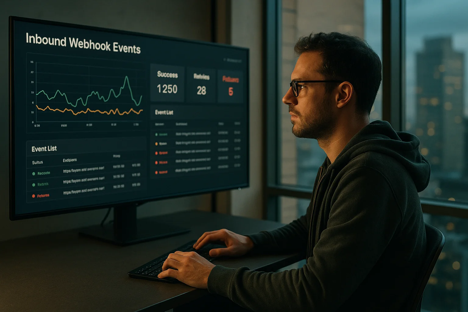 Engineer in a São Paulo office reviewing a dashboard of webhook deliveries with success and retry indicators on a large screen.