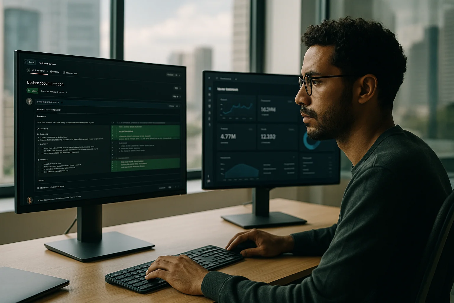 Engineer reviewing a documentation pull request on a large monitor with a vector database dashboard on a second screen in a São Paulo office.