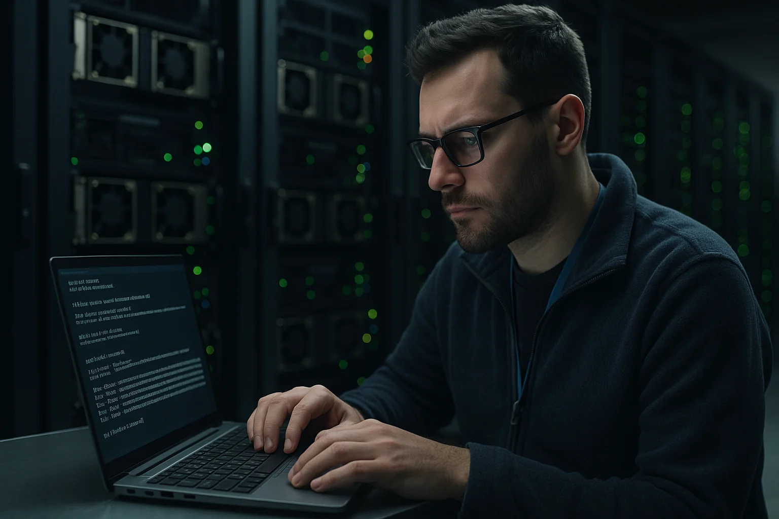 DevOps engineer verifying signed AI model artifacts on a laptop in front of GPU server racks in a data center.