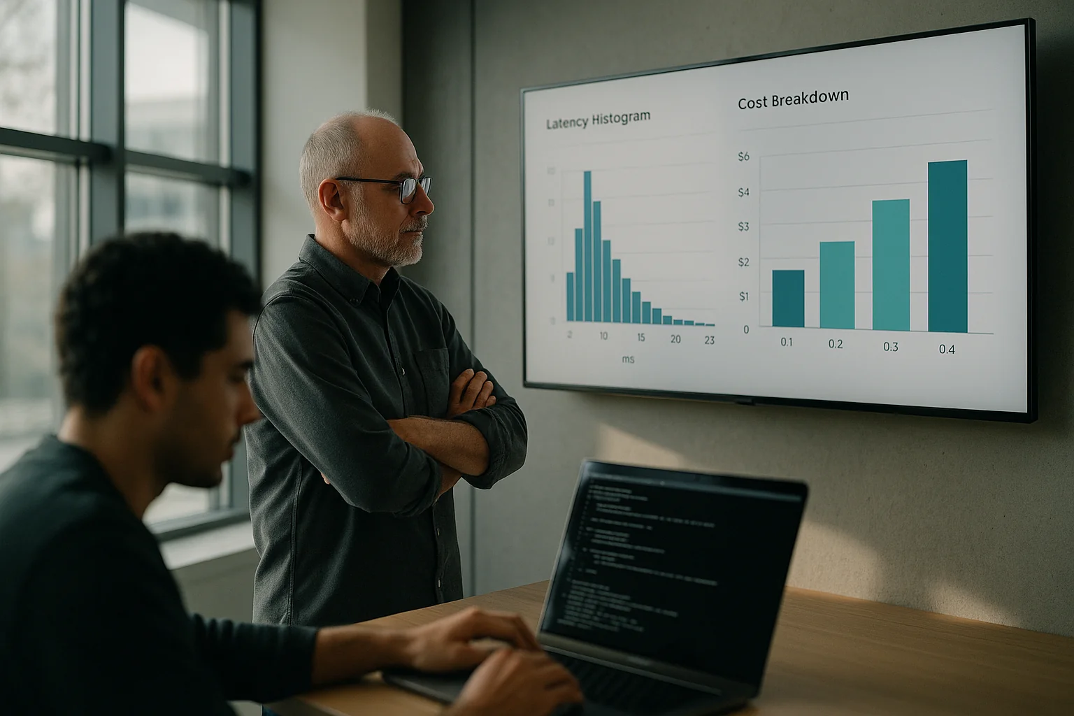 Engineering lead reviewing a dashboard with latency histograms and cost charts while a teammate runs an evaluation on a laptop in a modern office.
