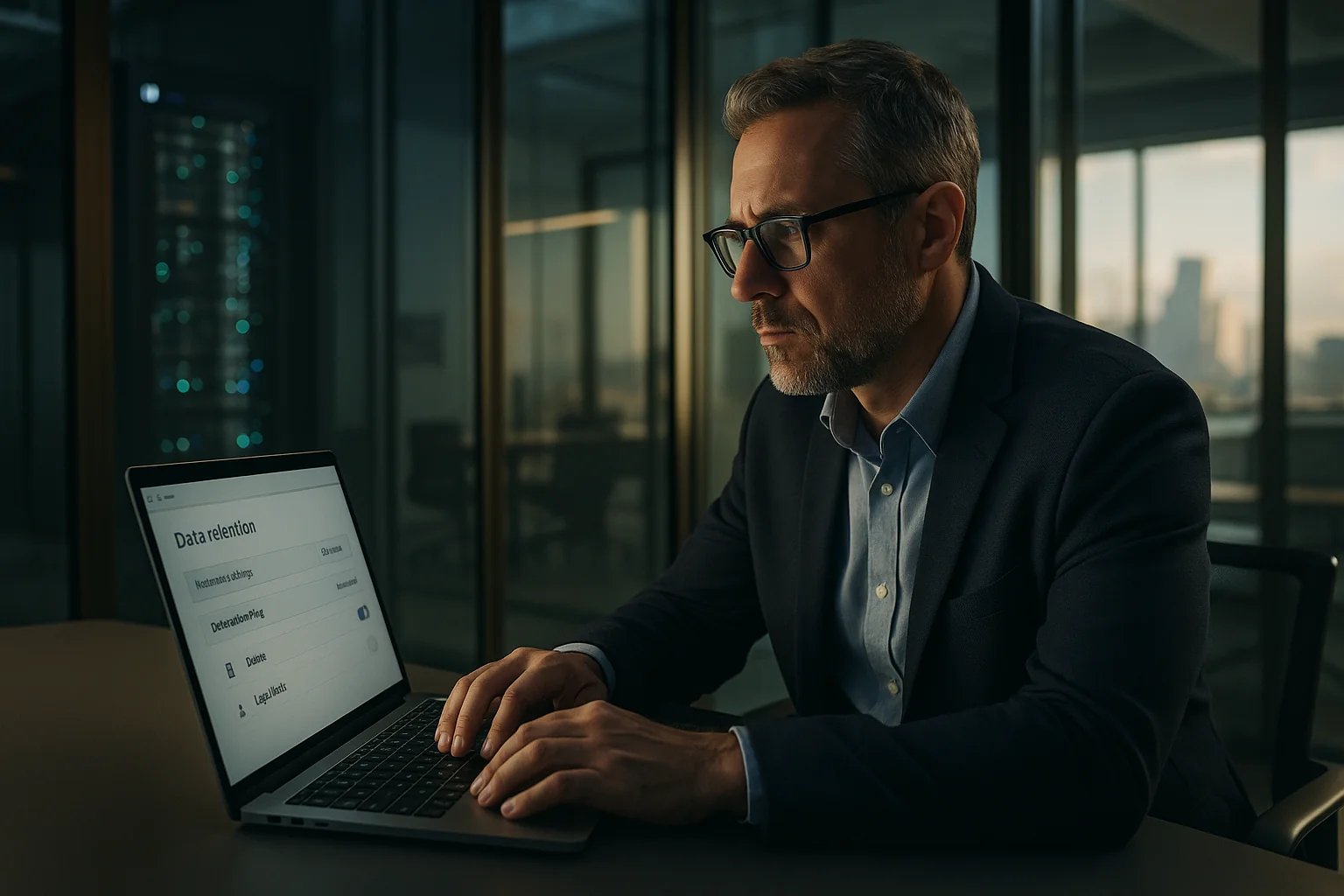 CTO in a modern São Paulo office reviewing AI data retention settings on a laptop, with server racks blurred in the background.