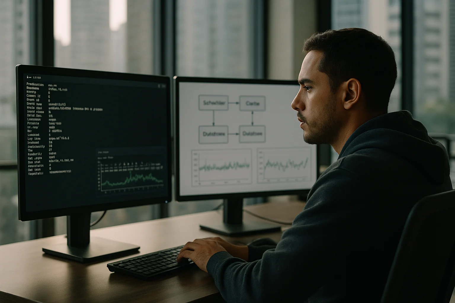 Site reliability engineer reviewing CPU topology and cache performance graphs on dual monitors in a São Paulo office.