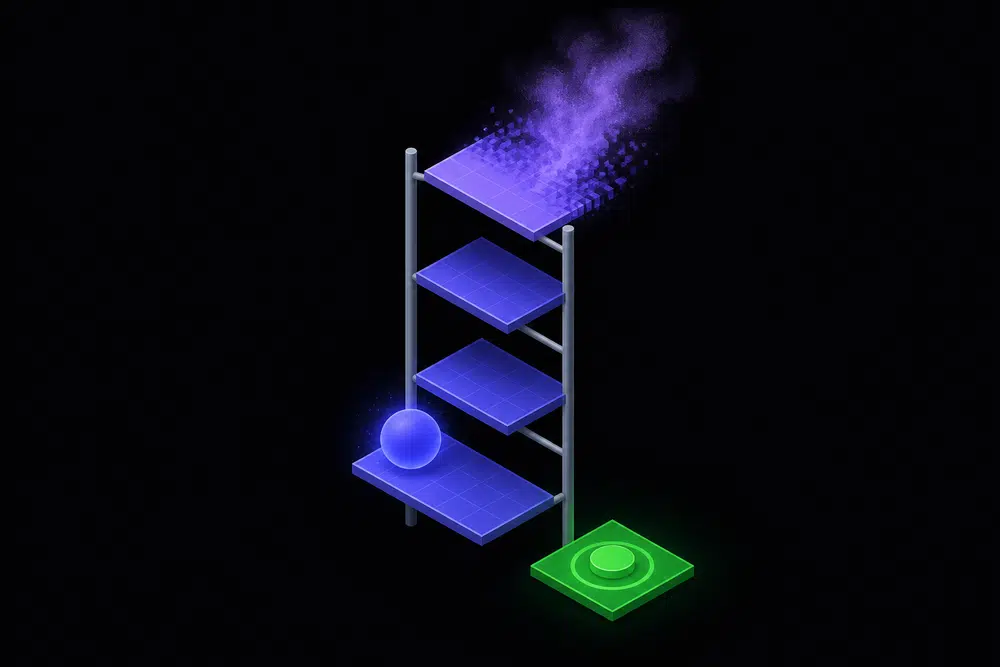 Flat isometric illustration of a glowing indigo agent node climbing a four-rung ladder of thin gray lines with indigo tiles, the top rung dissolving into violet vapor beside a single green success node on a near-black background.
