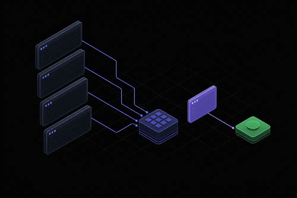 Flat isometric dark illustration of four terminal panes linked by thin indigo lines to a central ledger node, with one pane feeding a single glowing green status node.