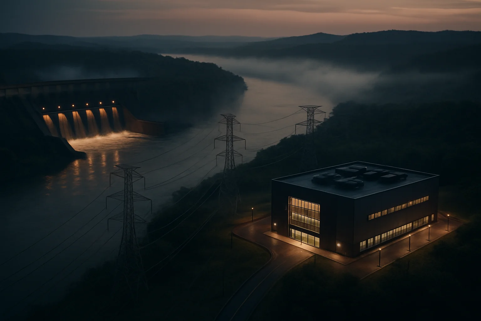 A hydroelectric dam in Brazil at dusk with transmission towers leading to a lit, modern data center building nearby.