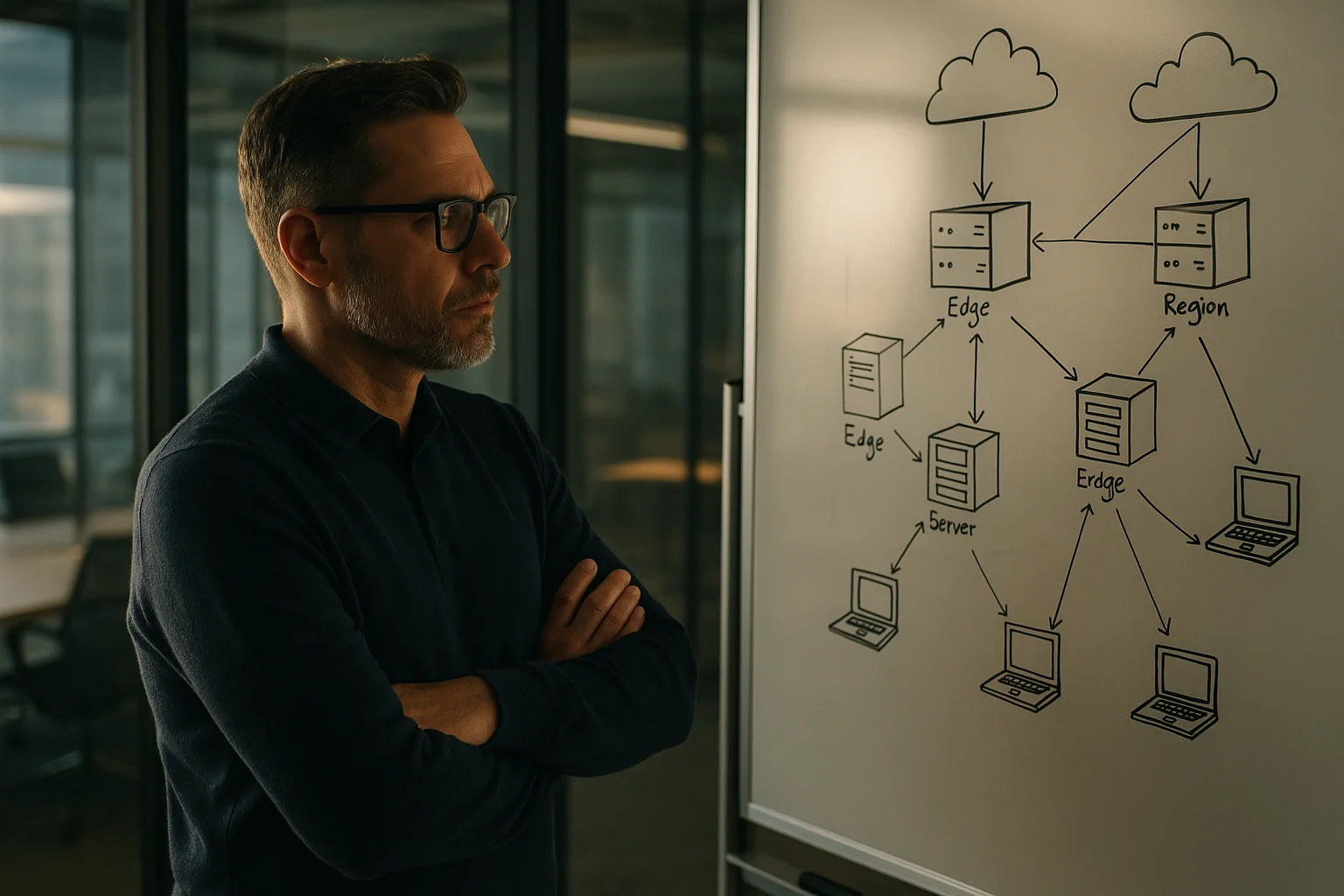 A CTO in a modern conference room evaluating an architecture diagram linking edge servers, cloud regions, and user devices.