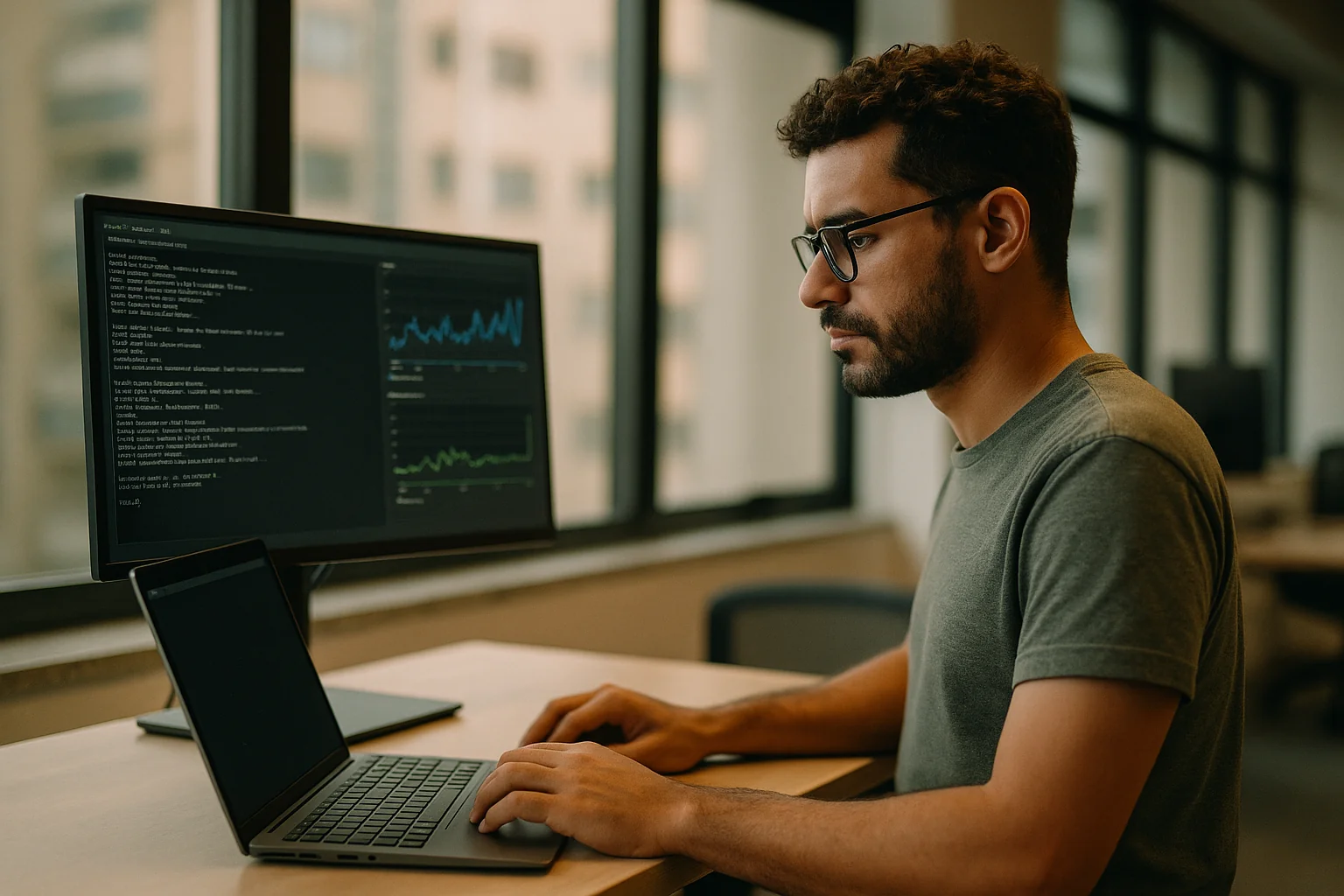 Engineering leader in a São Paulo office evaluating a single-file executable on a Linux laptop with performance graphs on a second monitor.