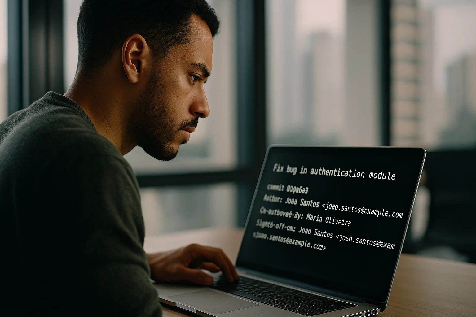 Engineer in a São Paulo office reviewing a Git commit message on a laptop with visible trailers.